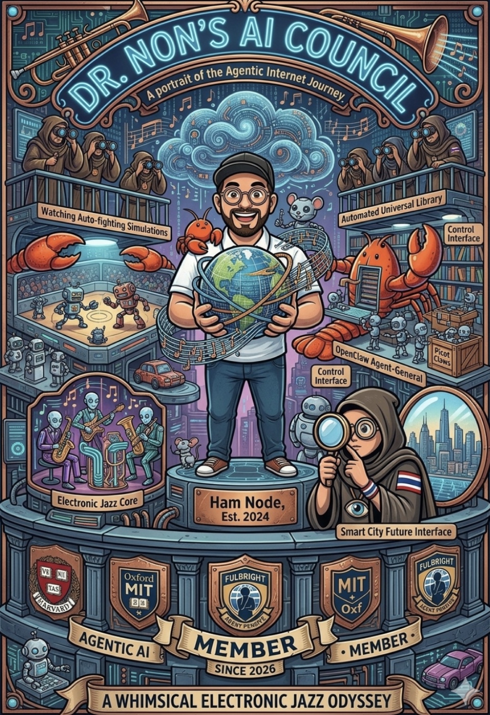Dr Non's AI Council — a whimsical portrait of the agentic internet journey, featuring 11 AI justices