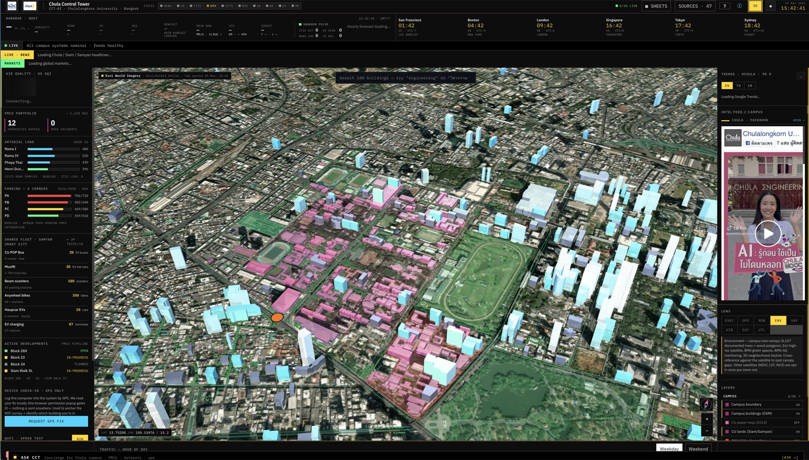 Chula Control Tower — real-time campus operations dashboard for Chulalongkorn University, 47 live data feeds, 7 lenses, 3D buildings