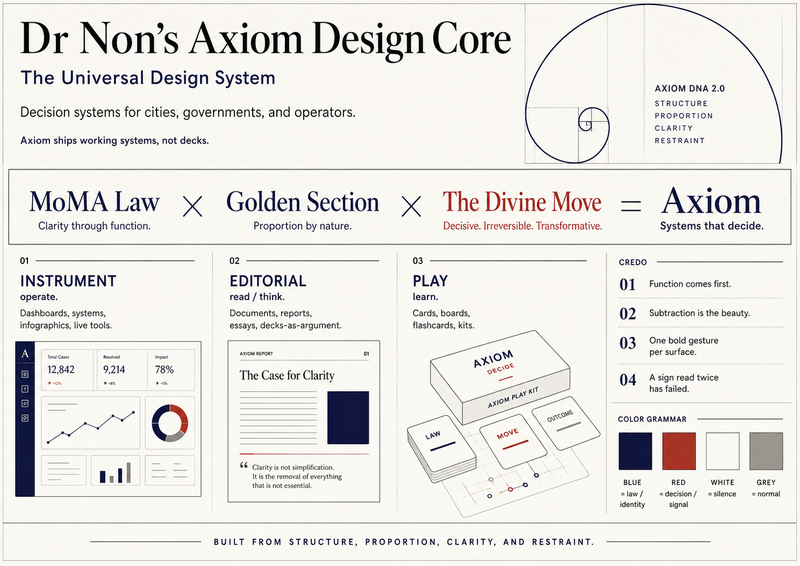 Axiom Design Core — Dr Non's operating standard for decision systems. Tokens, components, the 5-line DNA, and AGENTS.md for any AI agent. MIT licensed. Drop into Claude Code, Cursor, Cline, or any other agent to produce correct Axiom-style work on the first pass.