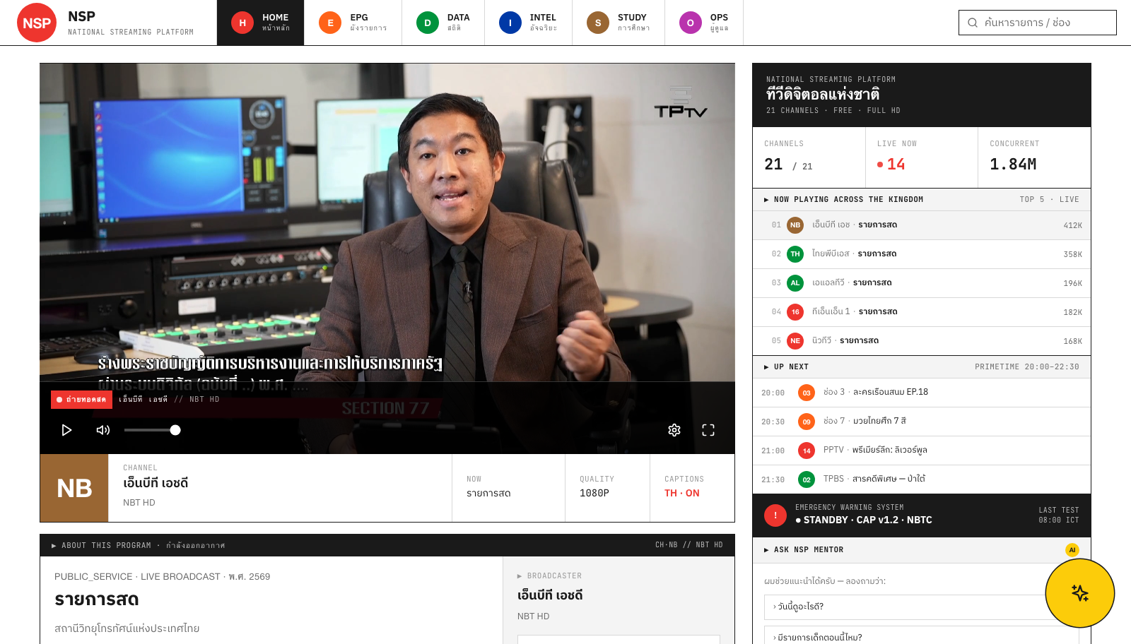 NSP — Thailand National Streaming Platform, 21 free digital TV channels with live EPG, AI guide, and viewer telemetry