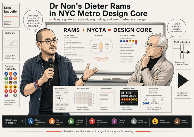 Rams × NYCTA Design Core — Dr Non's reproduction-grade interface standard. Warm-grey field, hairline grid, closed colour palette, and the NYCTA wayfinding layer. AGENTS.md for any AI agent. MIT licensed for original work.